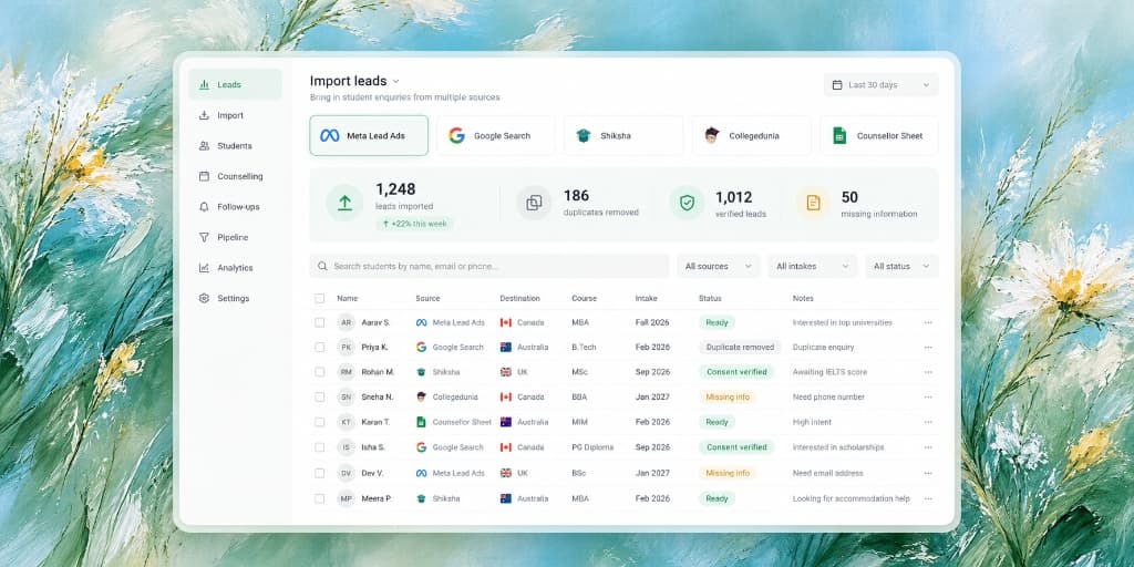 Import and check student enquiries dashboard